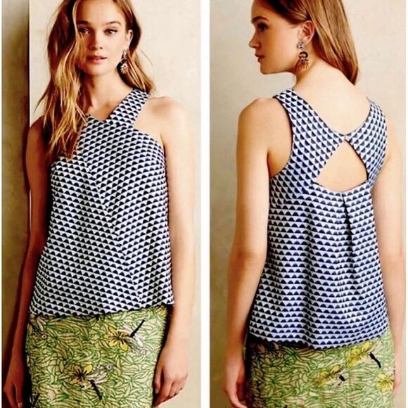 Anthropologie HD in Paris Blue White Jacquard Geometric Triangle Cutout Top Sz 2 - Picture 1 of 10